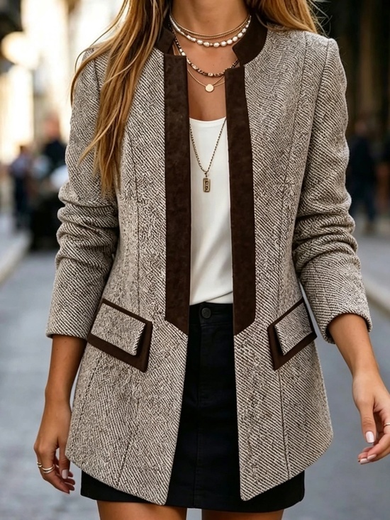 Jackets & Blazers - Classic Herringbone Print Open Front Blazer Jacket